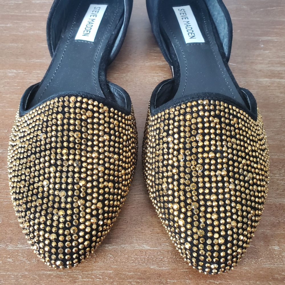 Steve Madden Vamp-G Women's 8 d'Orsay Flats Shoes Black Suede Gold Rhinestones - Picture 8 of 11